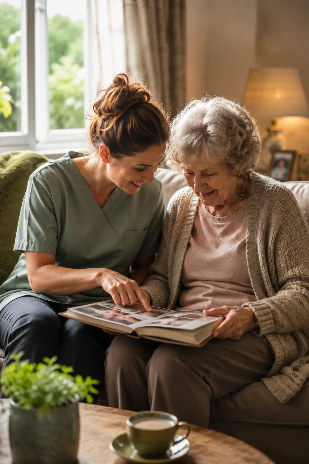 A carer sitting with an older woman on the sofa, looking through a family photo album together