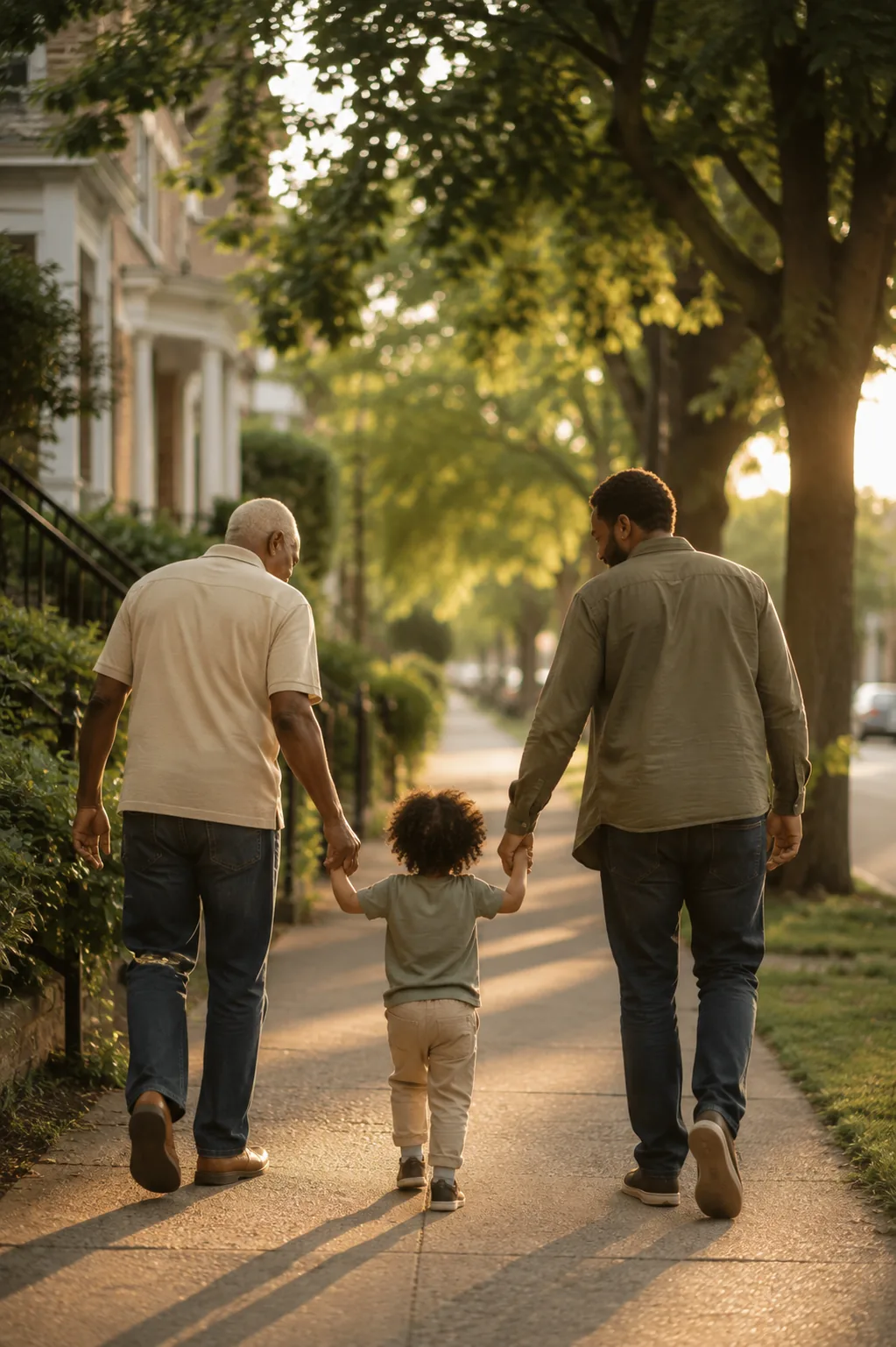 A grandfather, a father and a small child walking hand in hand along a tree-lined street