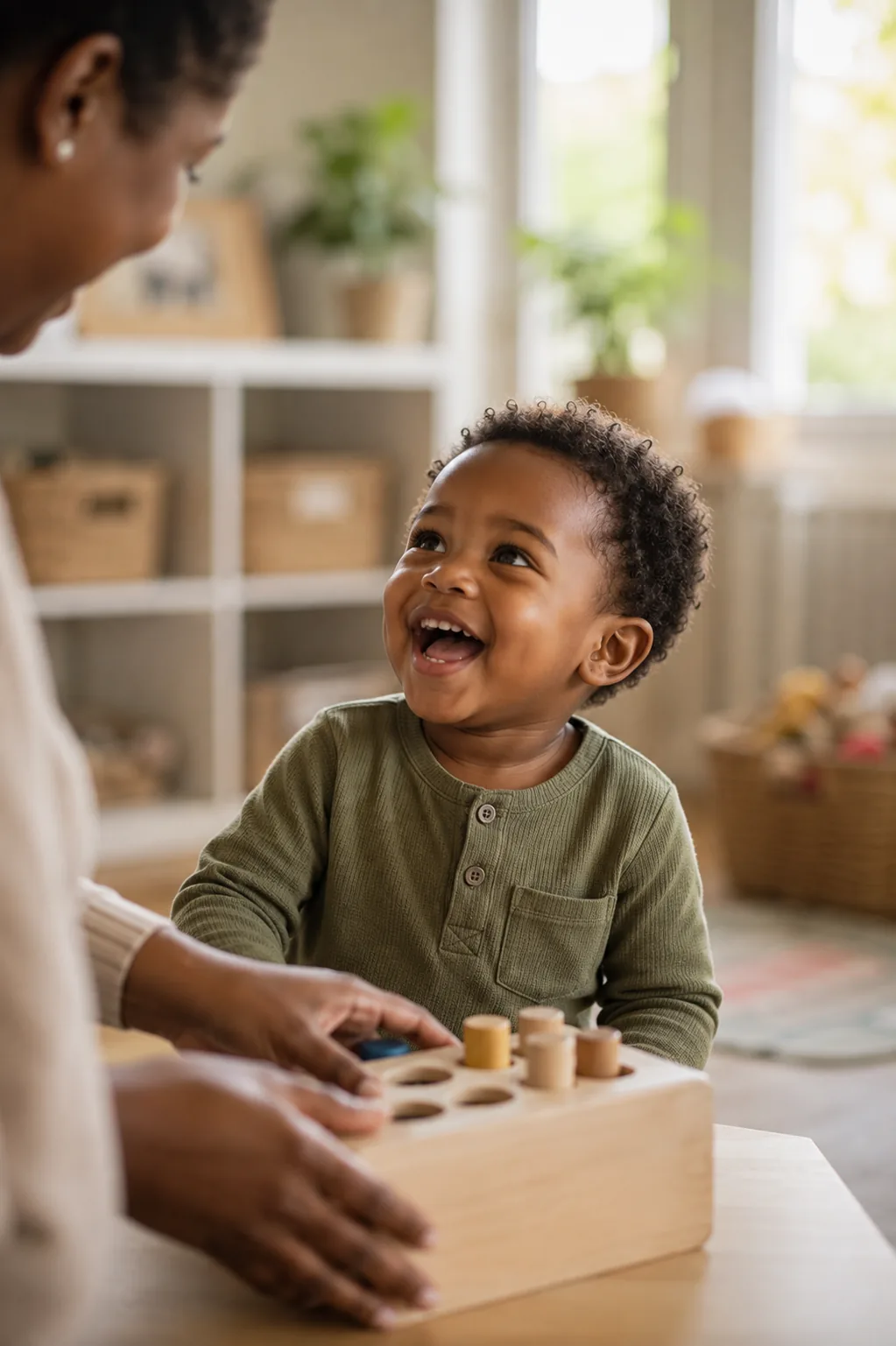 A toddler laughing up at a practitioner as they play with a wooden shape-sorter together