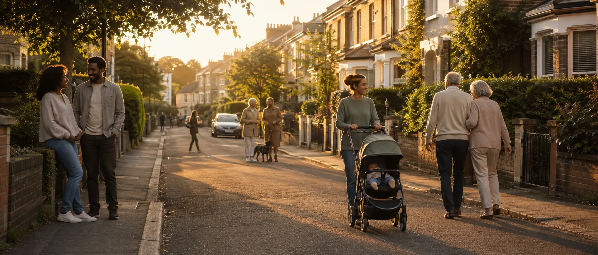 A residential street at golden hour with neighbours talking, a parent pushing a pram and an older couple walking arm in arm