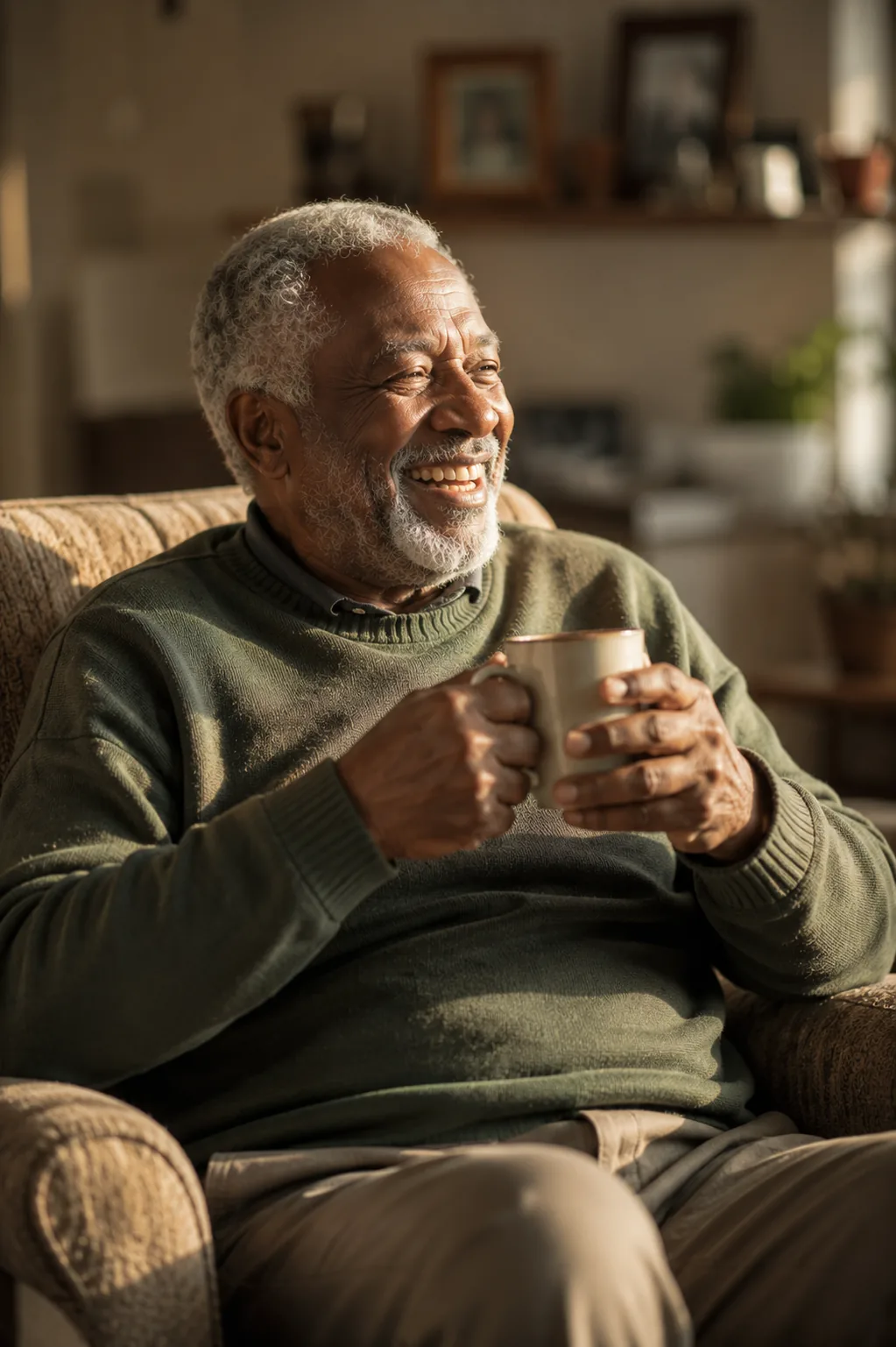 An older man smiling in his armchair with a mug of tea, family photographs on the shelf behind him