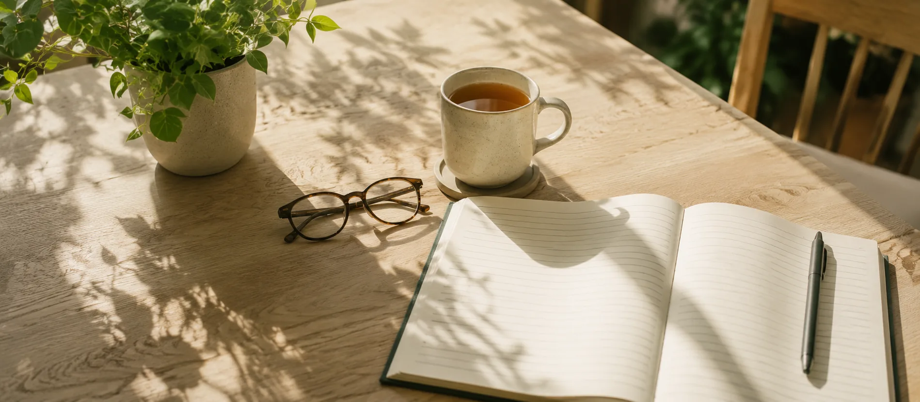 An open notebook, a pen, reading glasses and a mug of tea on a sunlit table