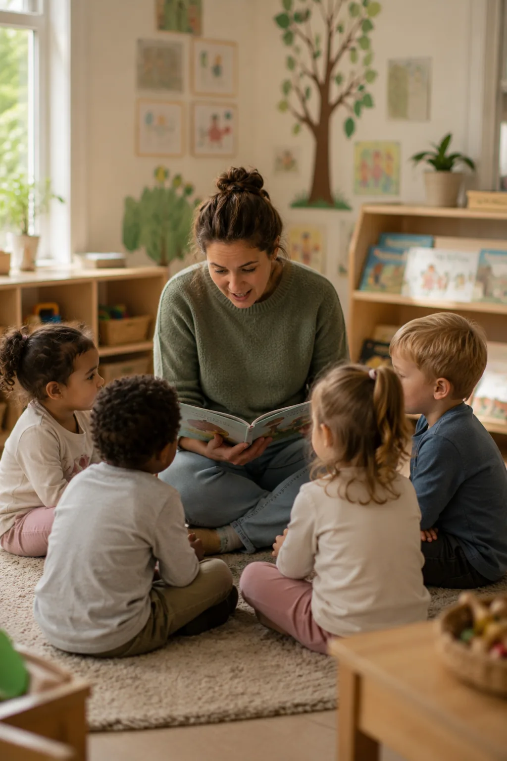 A nursery practitioner reading a picture book to four children sitting around her on the rug