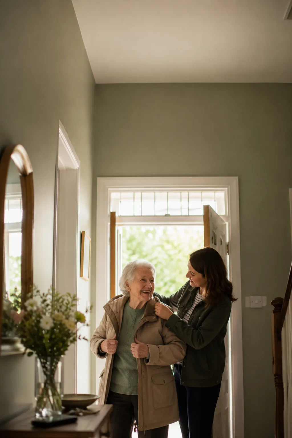 A care worker helping an older woman into her coat in the hallway of her own home
