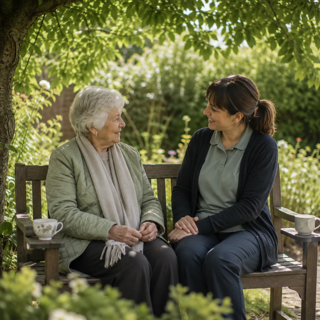 A care worker and an older woman sitting talking over tea on a garden bench