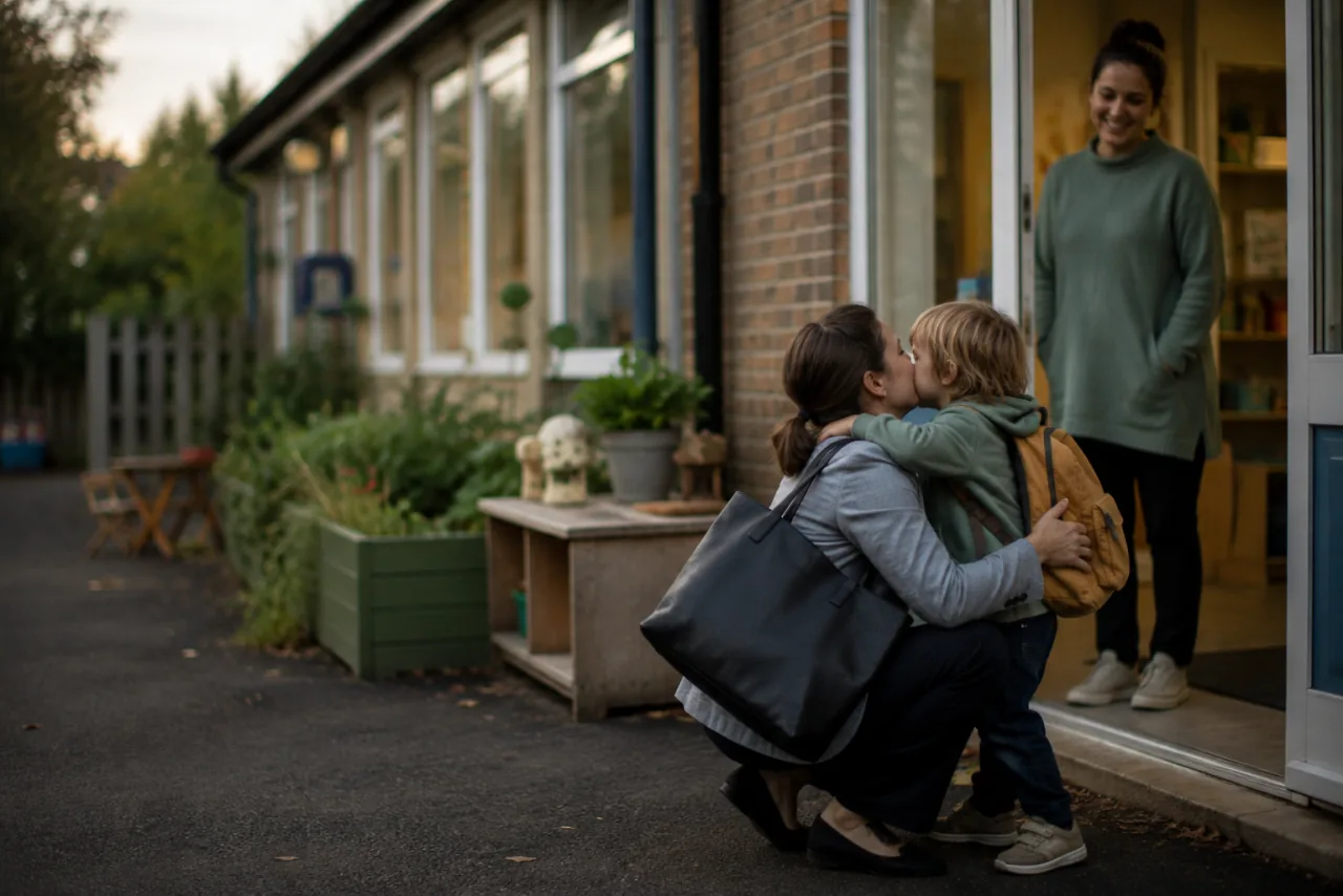 A parent hugging their child goodbye at the nursery door early in the morning