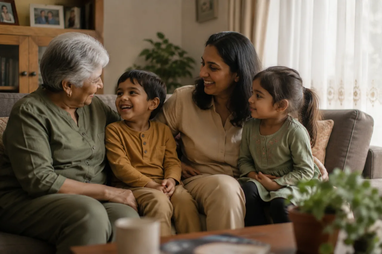 Three generations of a family sitting together on the sofa at home