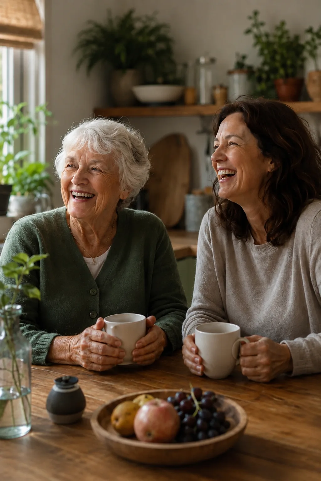A caregiver and an older woman laughing together over tea at the kitchen table