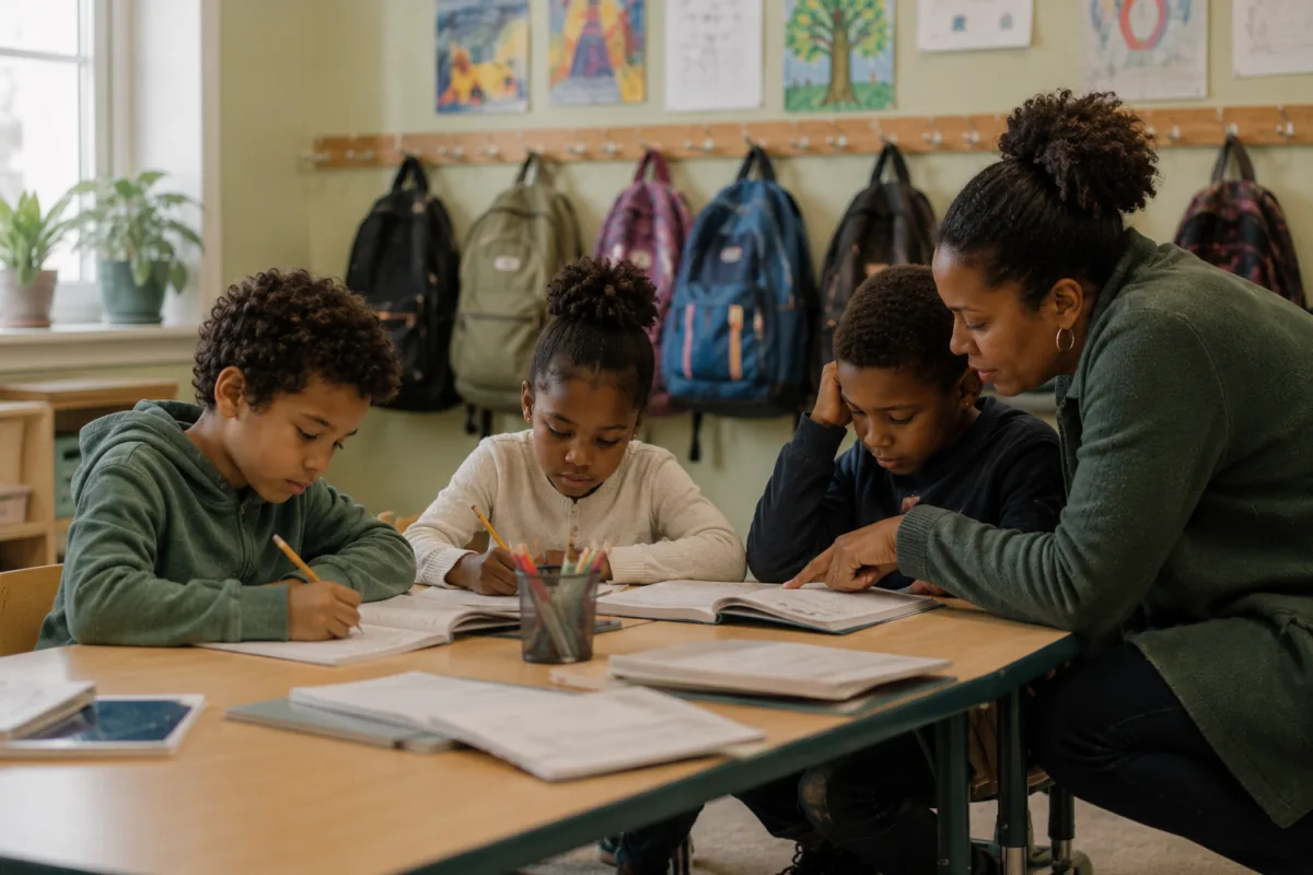 A helper guiding three school-age children through their homework at a table beneath a row of backpacks
