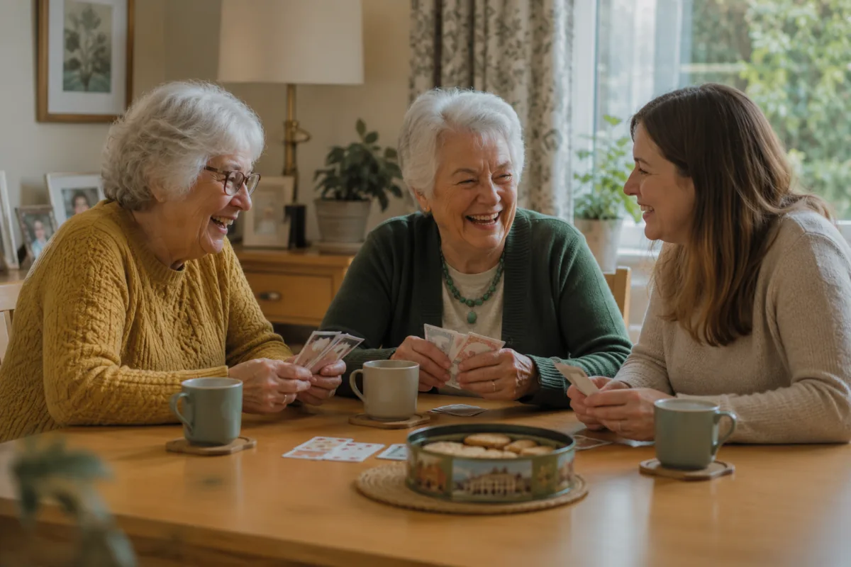 Three people laughing over a game of cards and a tin of biscuits at the kitchen table