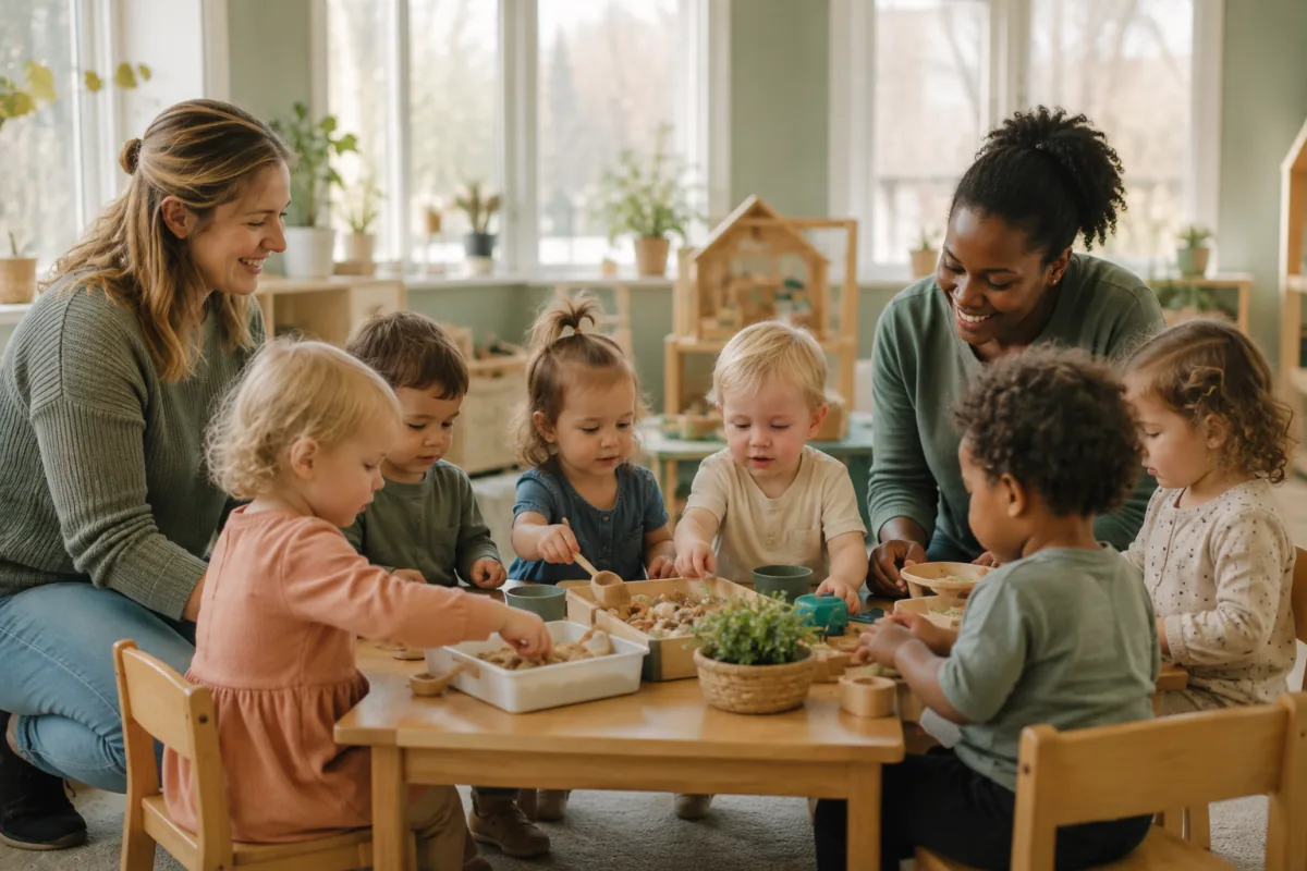 Two practitioners sitting with a group of toddlers around a sensory play table in a bright nursery room