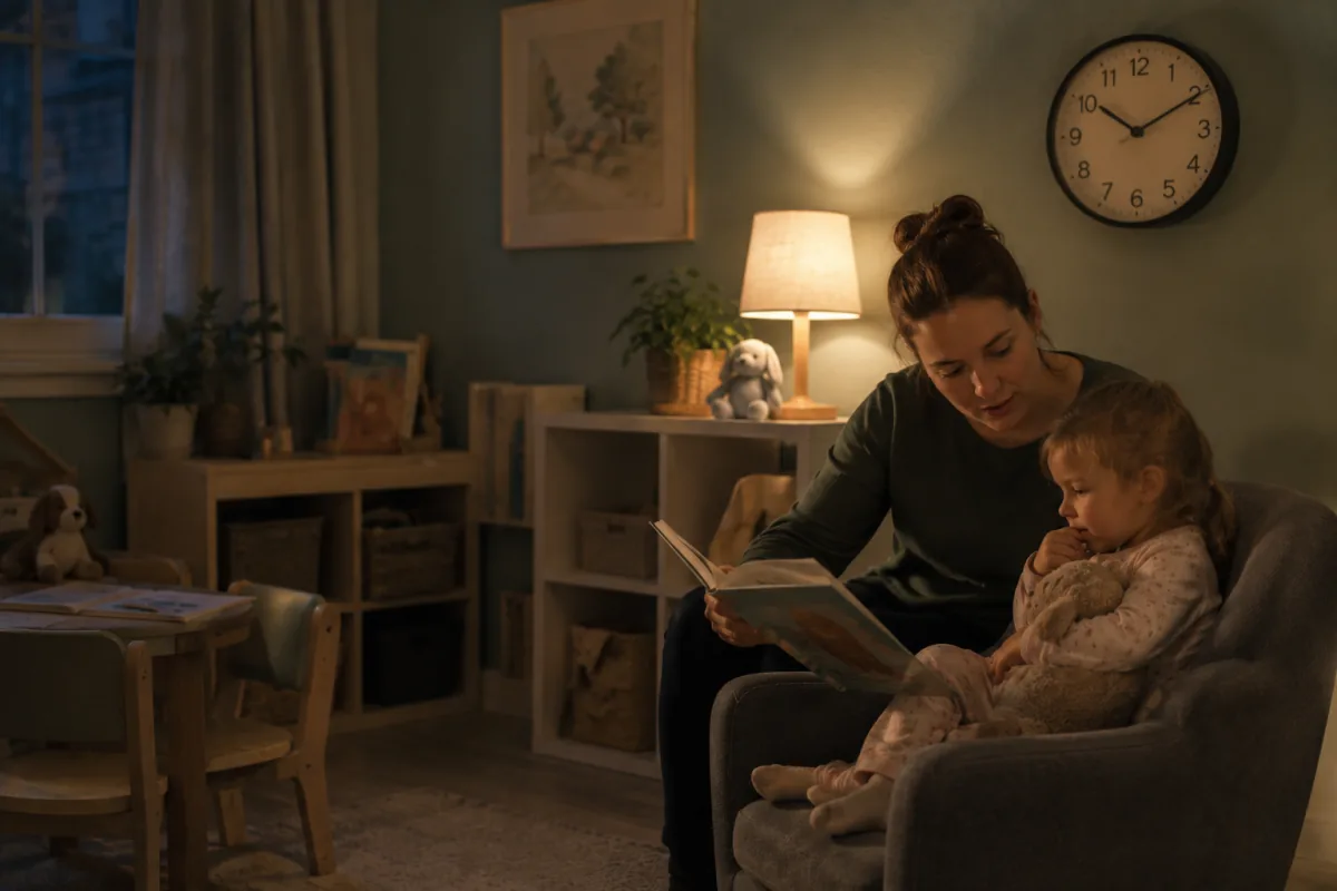 A carer reading a bedtime story to a sleepy child in a lamplit playroom late in the evening