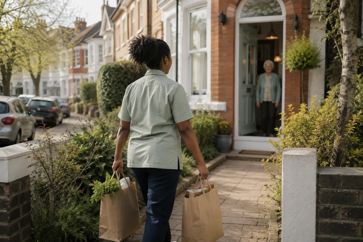 A care worker carrying bags of groceries up the path to a waiting client at her front door