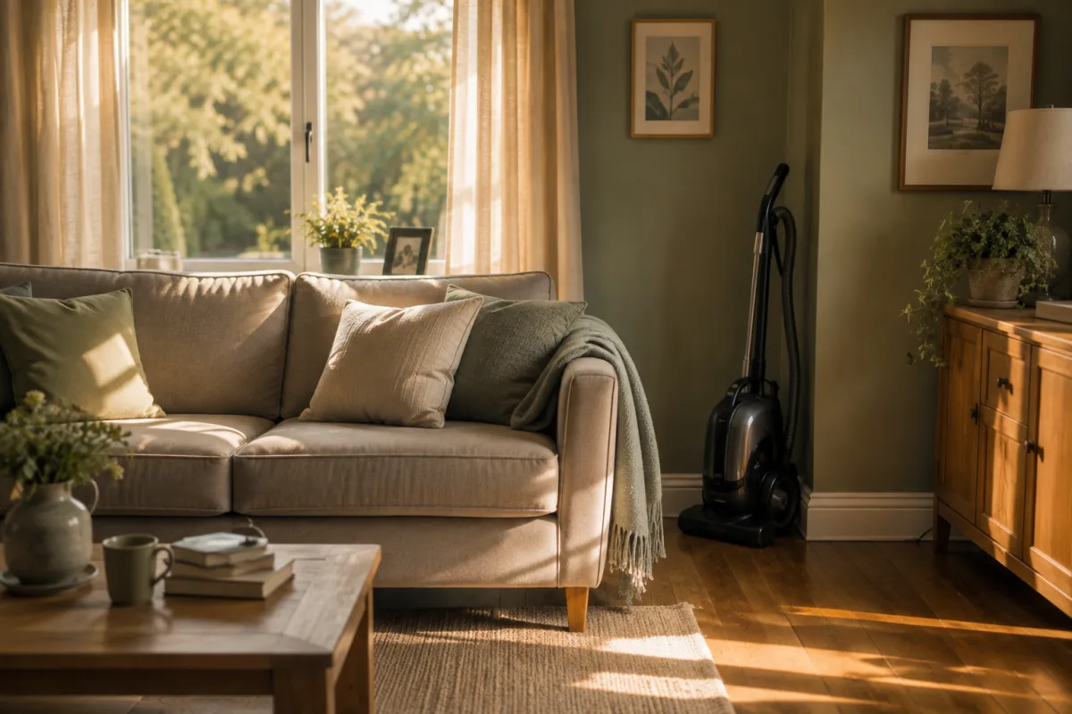 A tidy, sunlit sitting room with a folded throw on the sofa and a vacuum cleaner ready in the corner