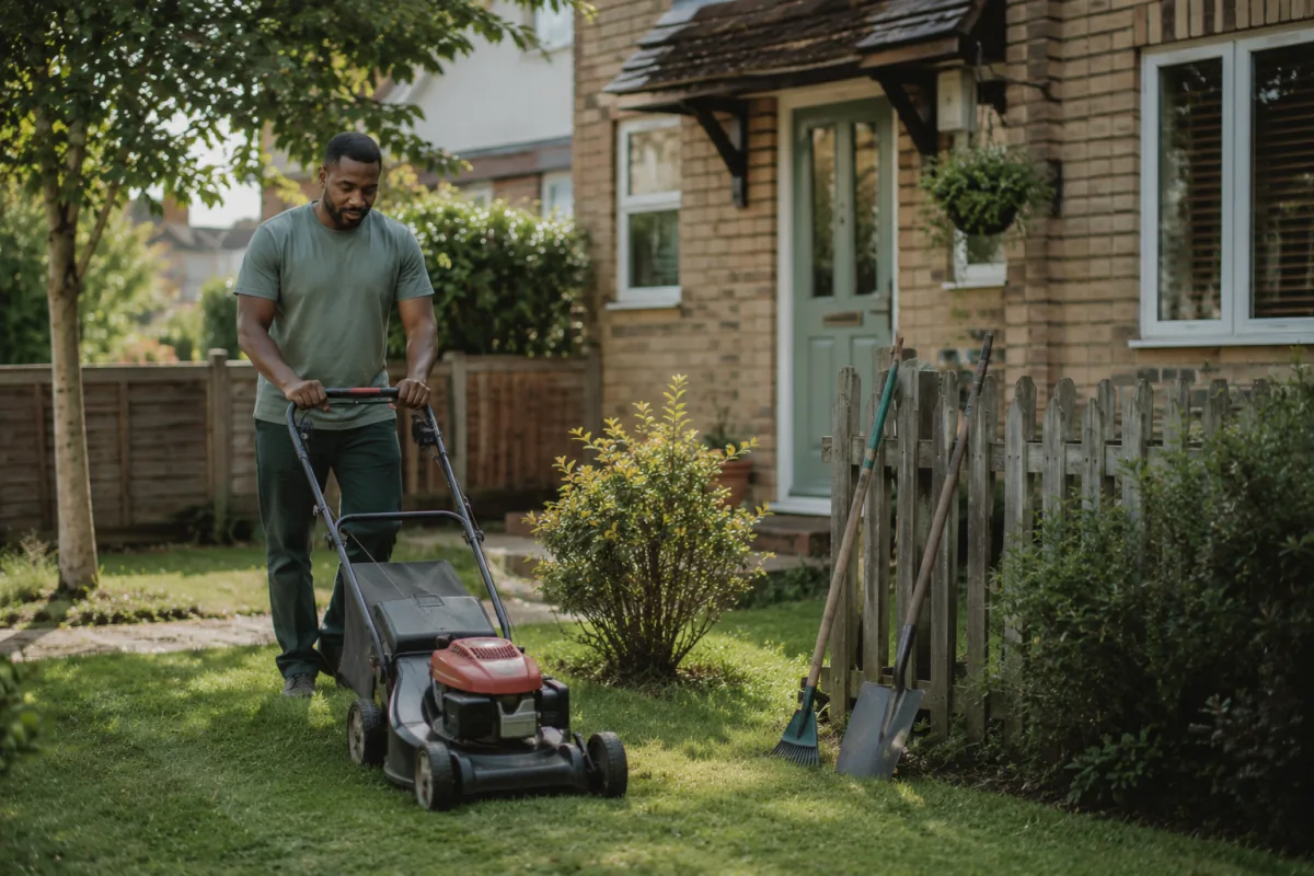 A groundskeeper mowing the front lawn of a house, with a rake and spade leaning on the fence