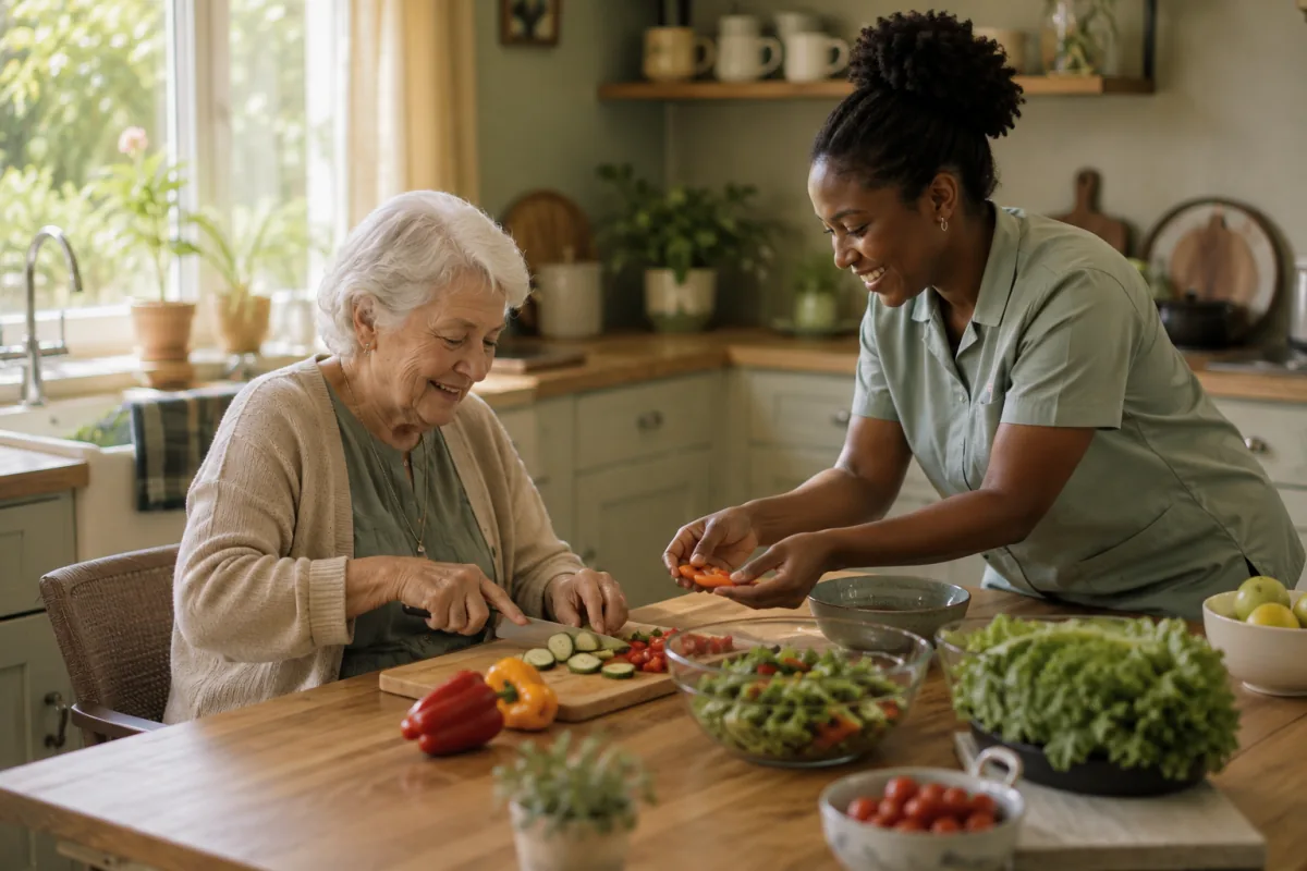 A care worker and an older woman preparing a salad of fresh vegetables together at the kitchen table