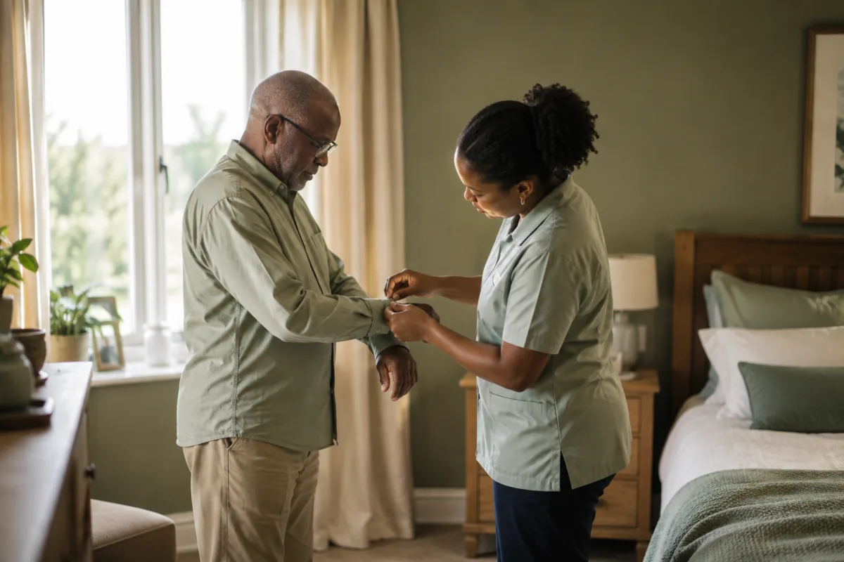 A care worker helping an older man fasten his shirt cuff in his bedroom