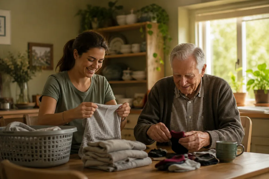 A support worker and an older man folding laundry together at the kitchen table