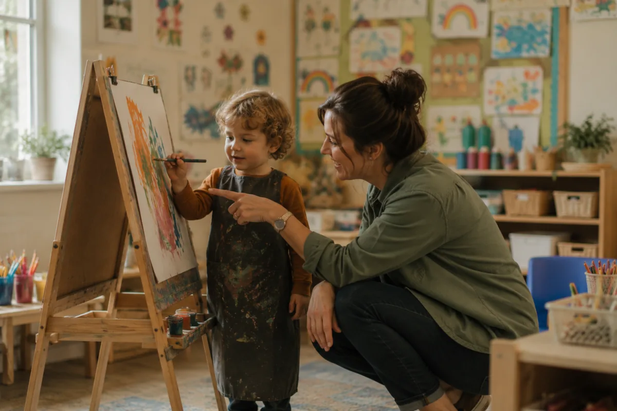 A teacher crouching beside a child painting at an easel in a classroom hung with artwork