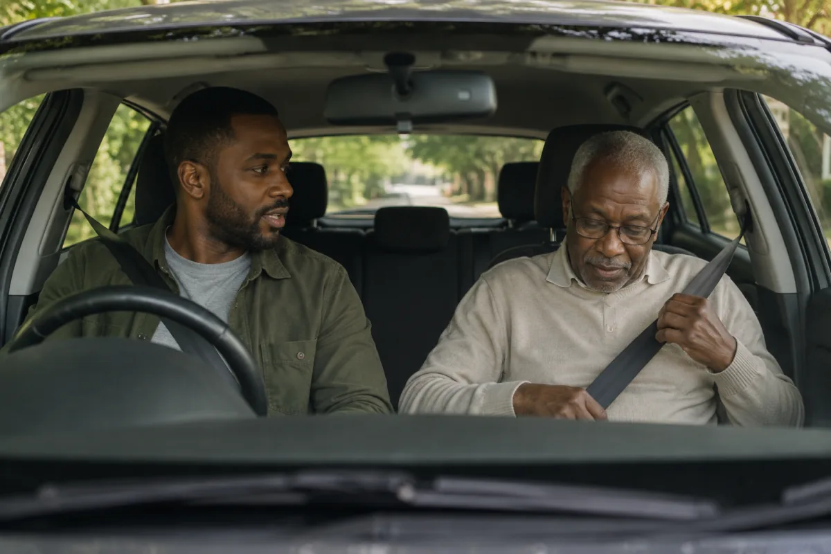 A driver waiting as an older passenger fastens his seatbelt in the front of the car