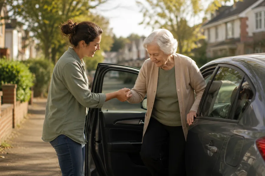 A driver steadying an older woman by the hand as she steps out of a car