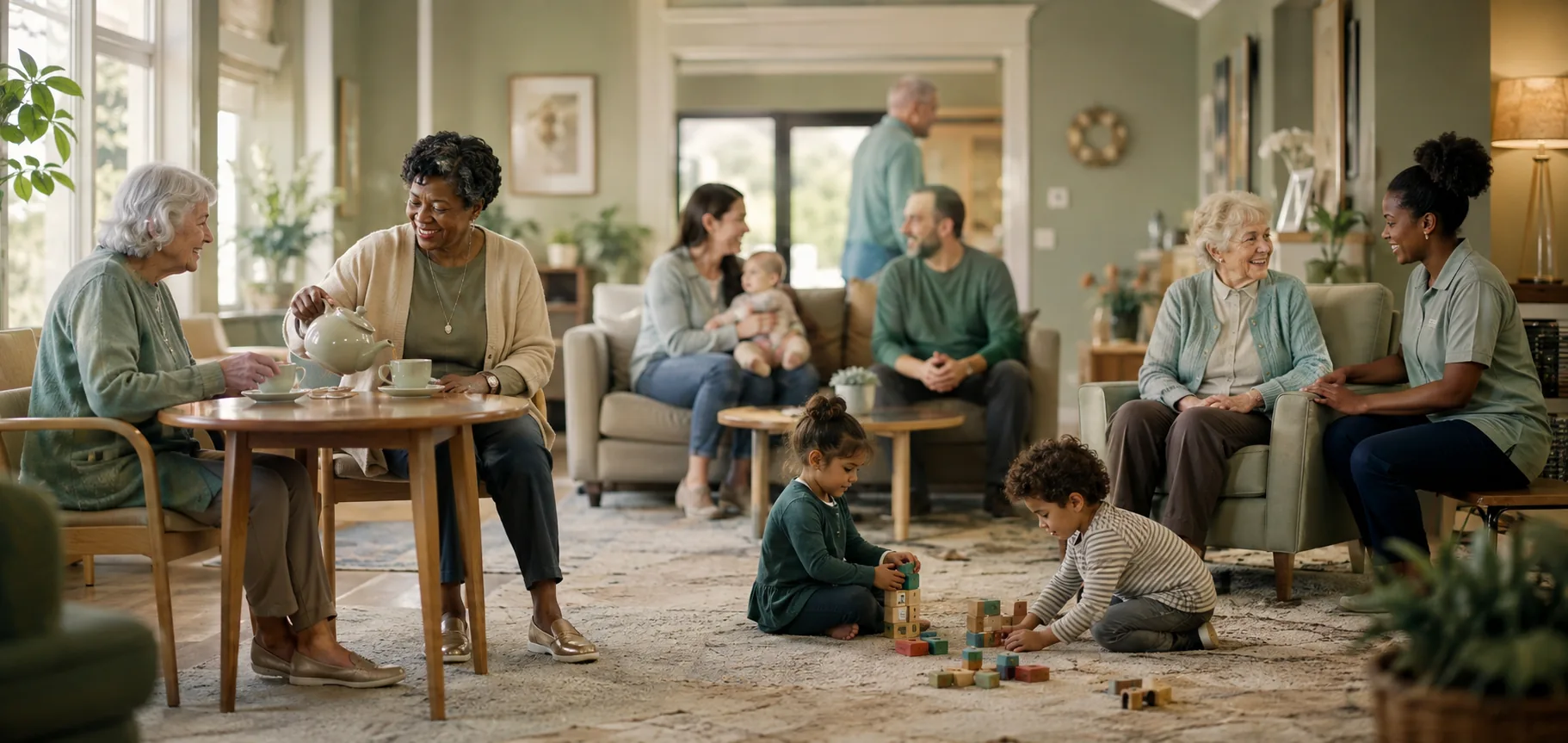 A bright shared living room where older people take tea together, children play with blocks and a carer sits alongside a resident