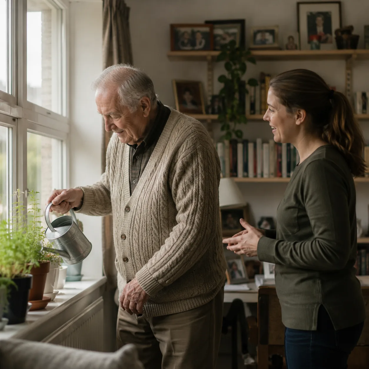 A support worker chatting with an older man as he waters the plants on his windowsill