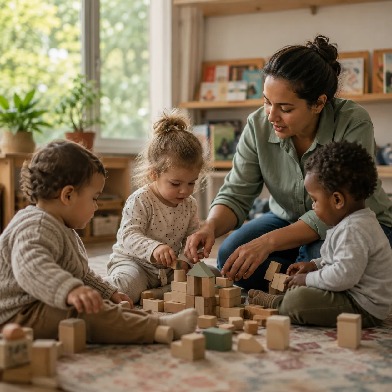 An early years practitioner building with wooden blocks alongside three young children